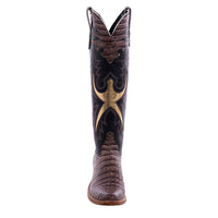Ladies 16" Natural Caiman Chocolate Kidskin Gold Inlay Cowboy Boot