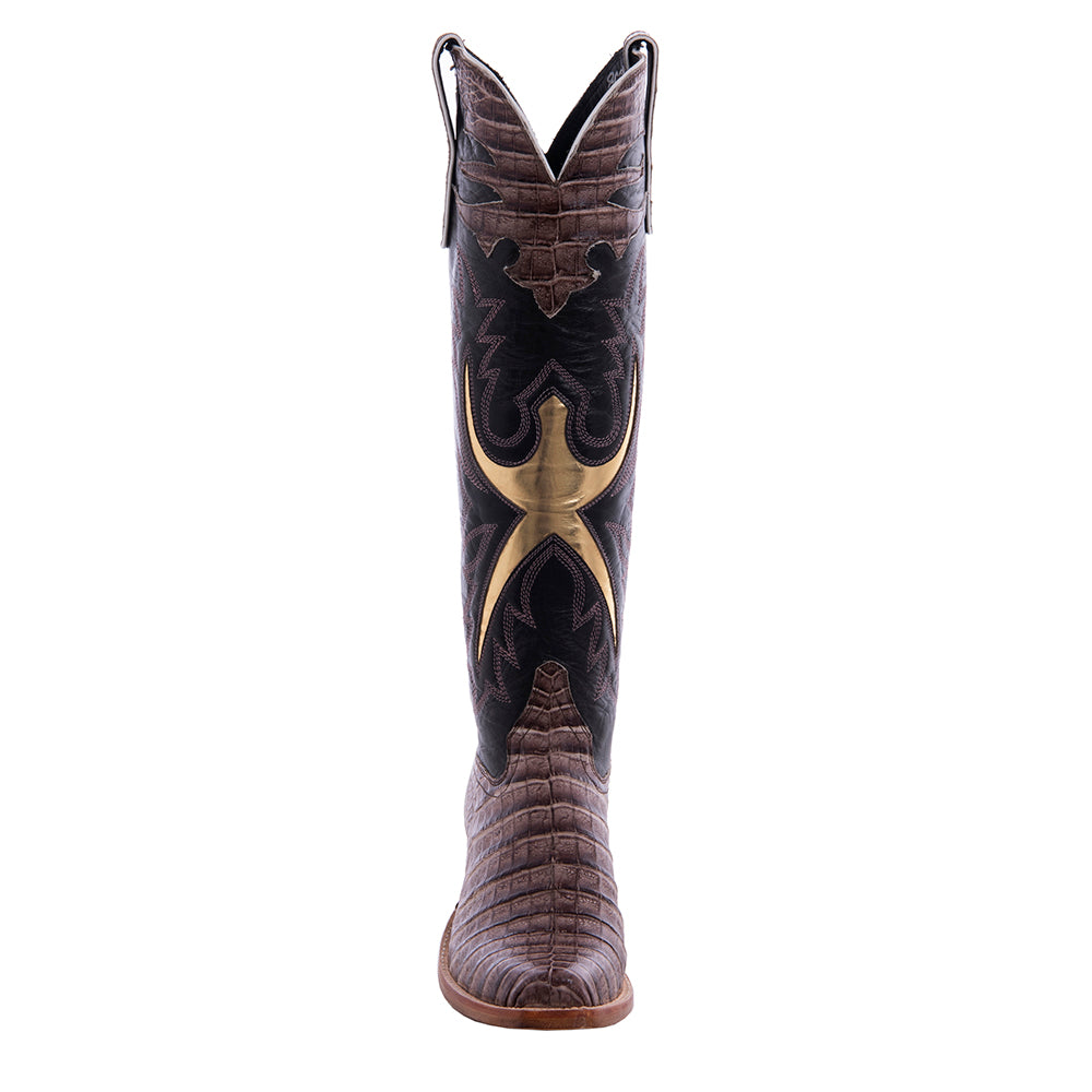 Ladies 16" Natural Caiman Chocolate Kidskin Gold Inlay Cowboy Boot