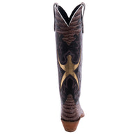Ladies 16" Natural Caiman Chocolate Kidskin Gold Inlay Cowboy Boot