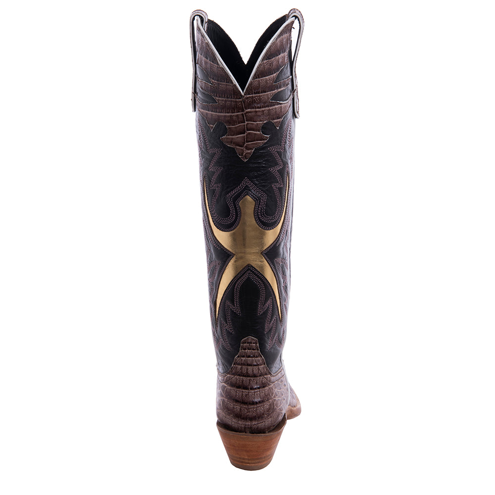 Ladies 16" Natural Caiman Chocolate Kidskin Gold Inlay Cowboy Boot