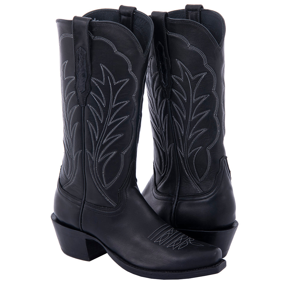 Ladies 13” Black Aniline with White Winn Stitch and Toe Bug Cowboy Boot