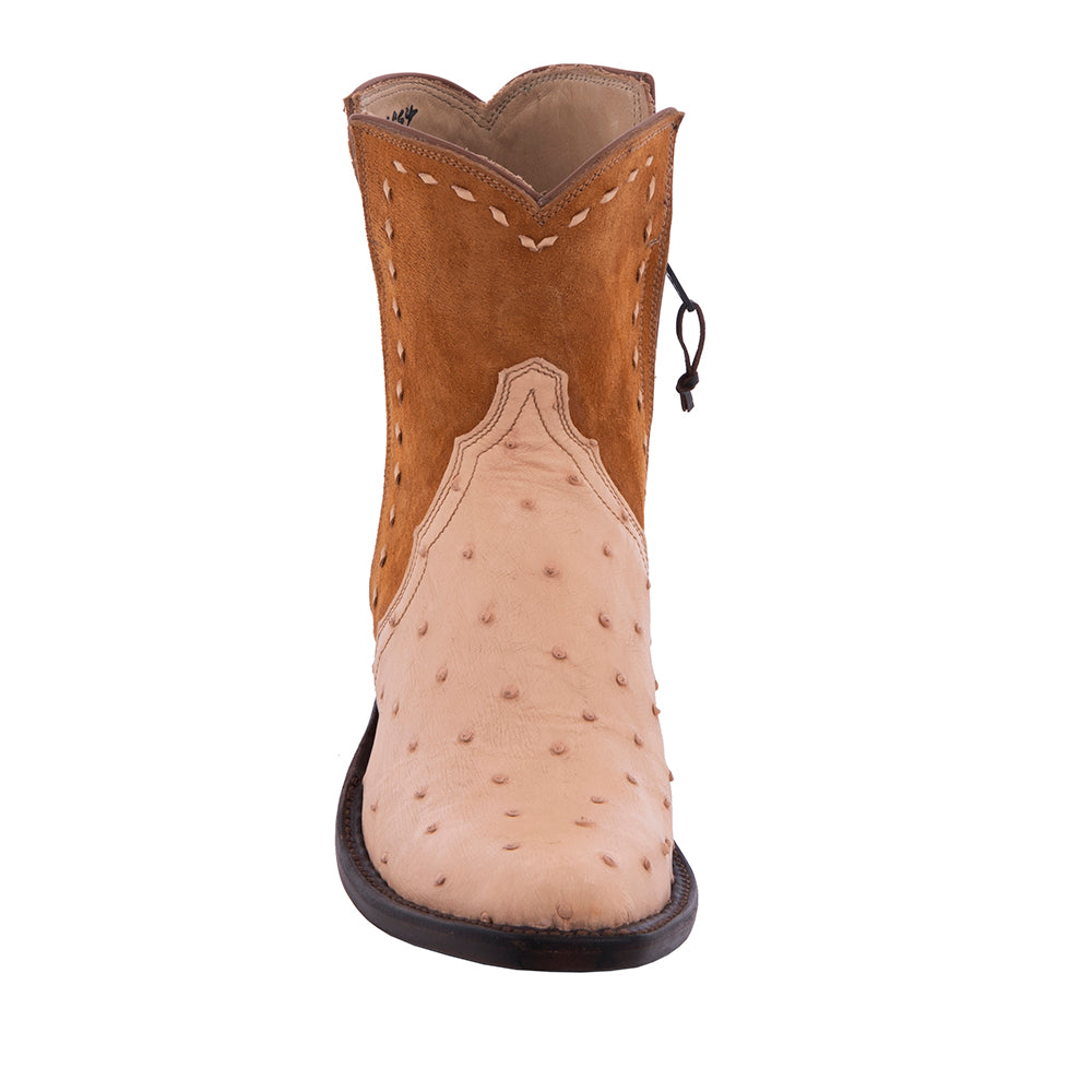 Ladies' Short Natural Full Quill Ostrich and Sand Roughout Natural Buckstitch Boot