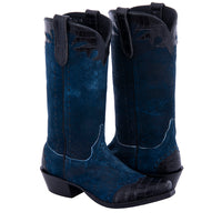 Ladies' Blue Break Roughout with Black Nile Fern Details and Full Black Buckstitch Cowboy Boot