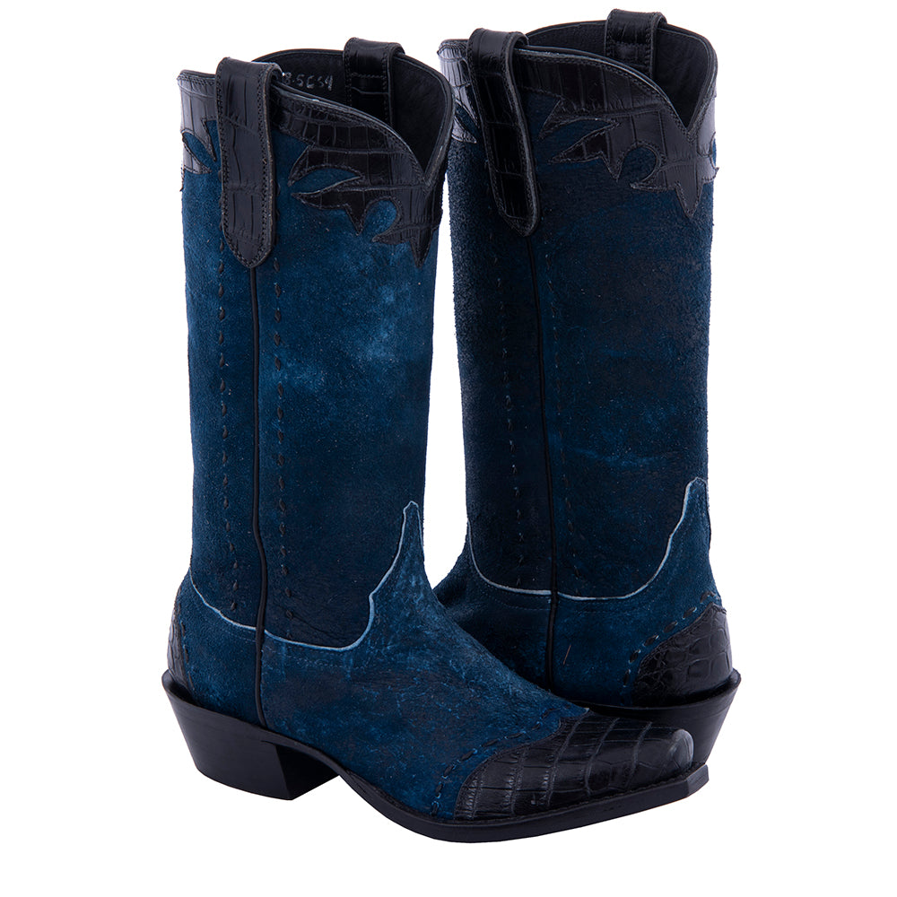 Ladies' Blue Break Roughout with Black Nile Fern Details and Full Black Buckstitch Cowboy Boot