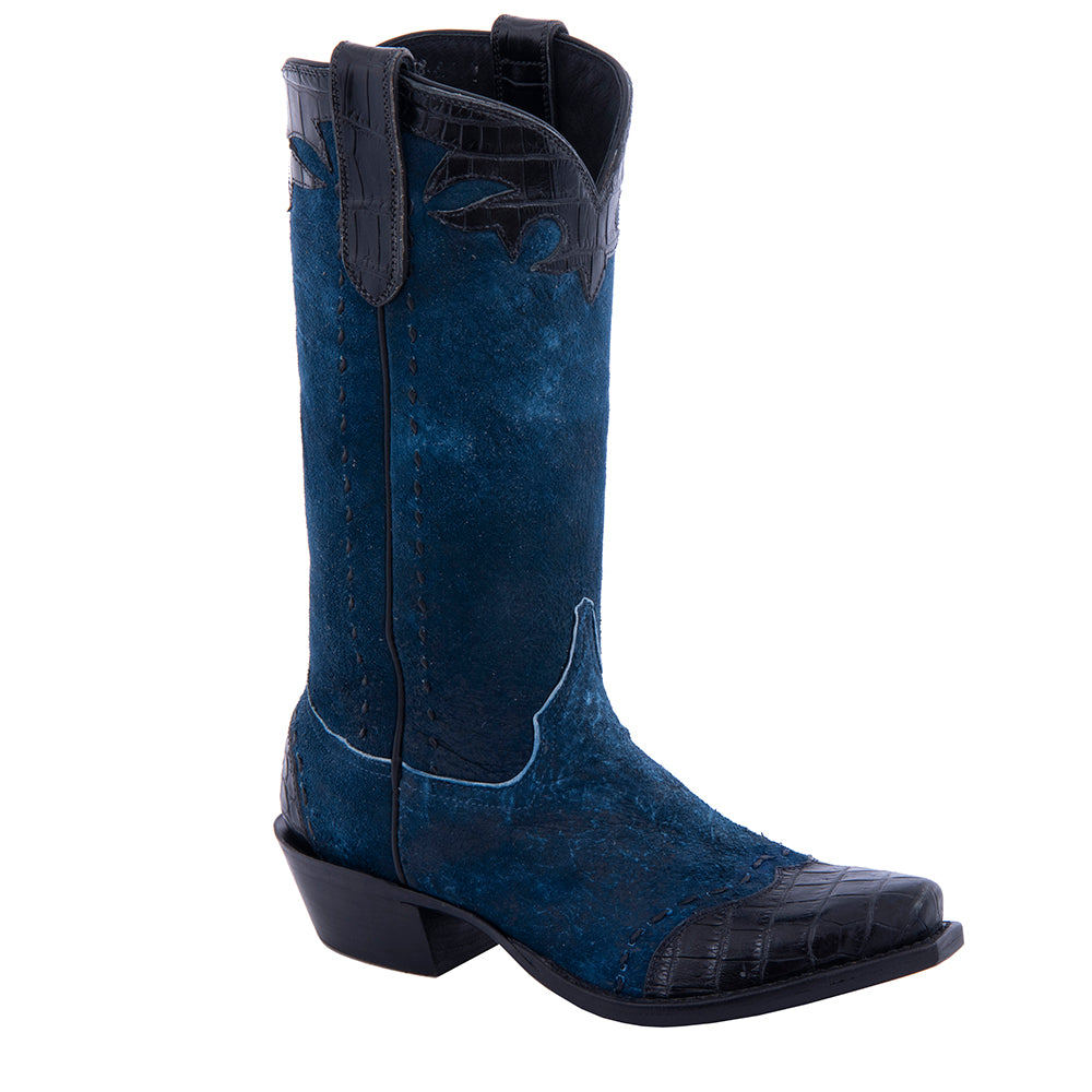 Ladies' Blue Break Roughout with Black Nile Fern Details and Full Black Buckstitch Cowboy Boot