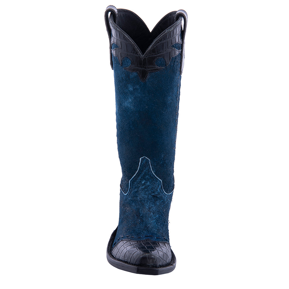 Ladies' Blue Break Roughout with Black Nile Fern Details and Full Black Buckstitch Cowboy Boot