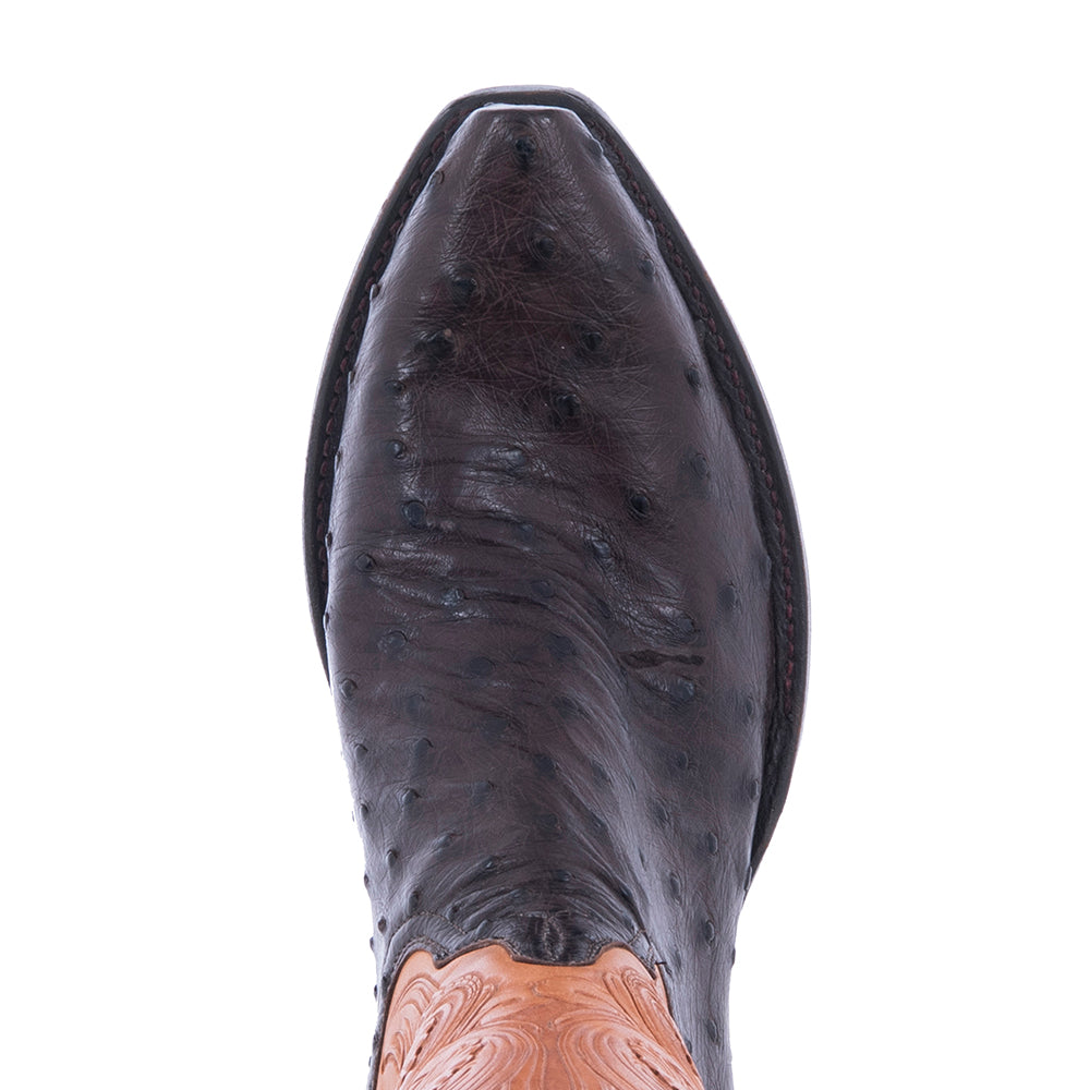 Ladies Cowboy 10" Nicotine Full Quill Ostrich Natural Tooled Top Half Buckstitch