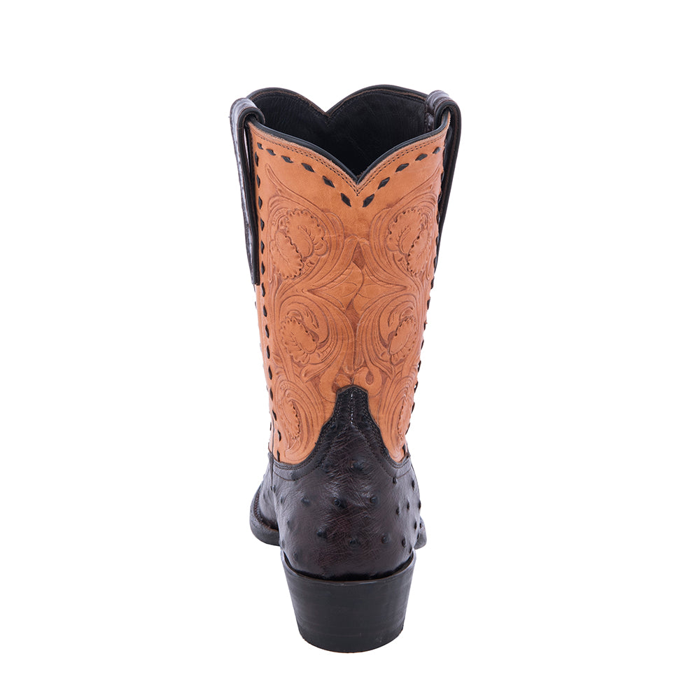 Ladies Cowboy 10" Nicotine Full Quill Ostrich Natural Tooled Top Half Buckstitch