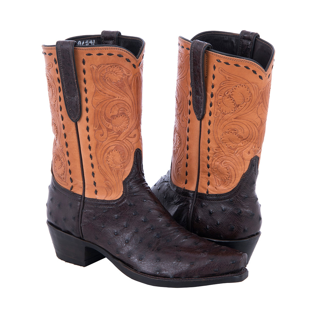 Ladies Cowboy 10" Nicotine Full Quill Ostrich Natural Tooled Top Half Buckstitch