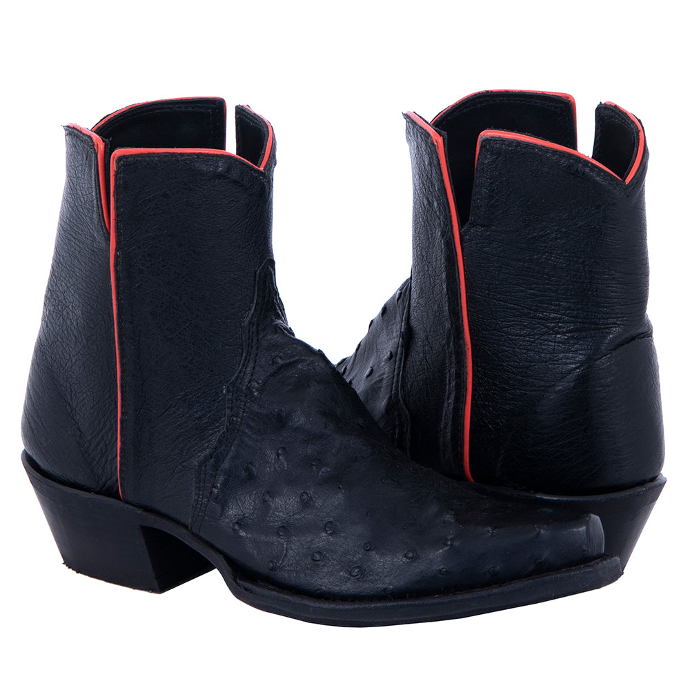Ladies Black Ostrich Orange Trim Short Cowboy Boots