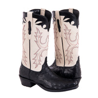 Men's Black Full Quill Ostrich and Bone Kidskin Old Nugget Cowboy Boot with Mini Vibram Sole