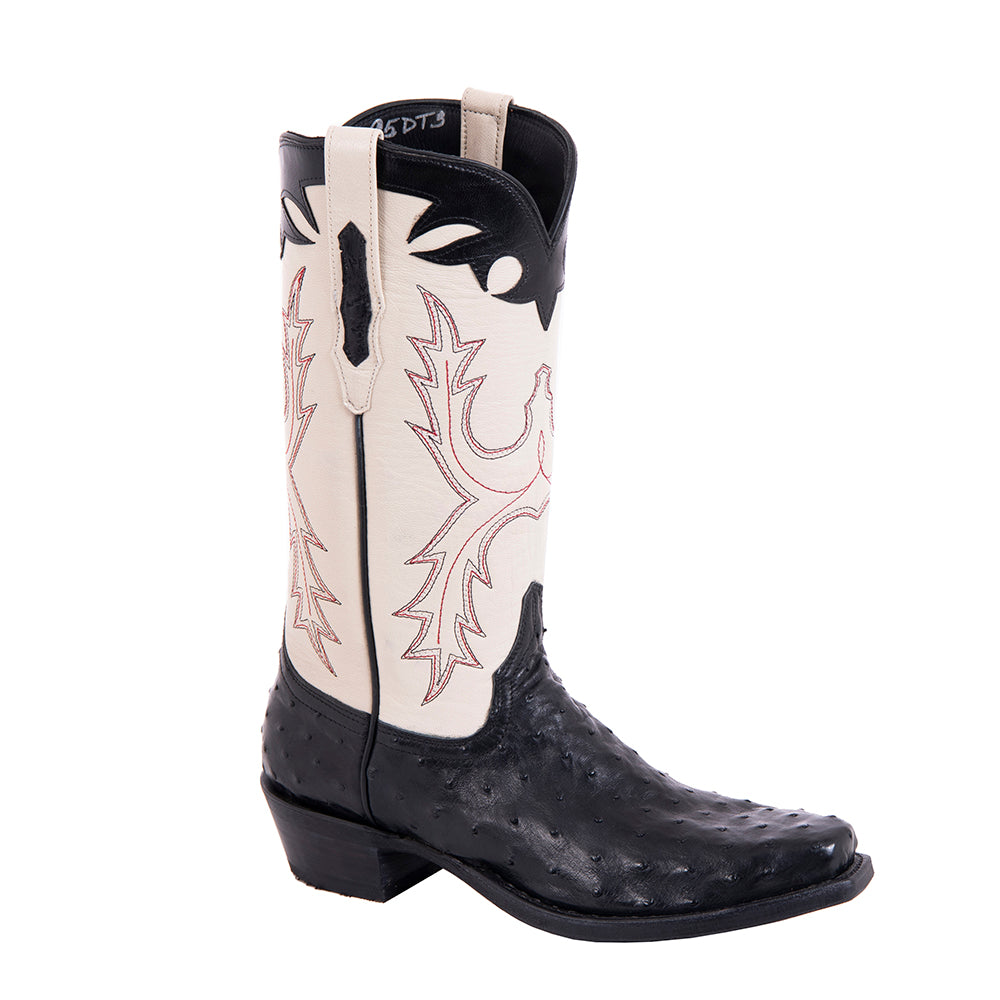 Men's Black Full Quill Ostrich and Bone Kidskin Old Nugget Cowboy Boot with Mini Vibram Sole