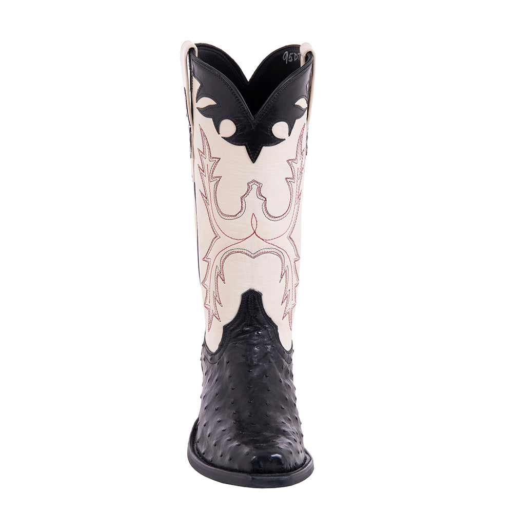 Men's Black Full Quill Ostrich and Bone Kidskin Old Nugget Cowboy Boot with Mini Vibram Sole