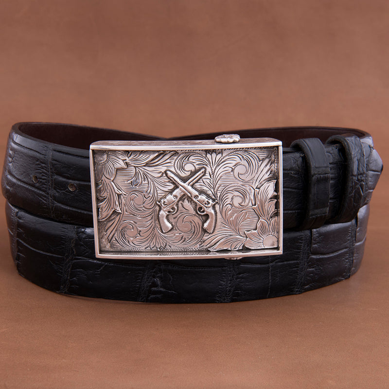 Boxcreek Western Buckle with Cross Pistols and Floral Corner Overlays