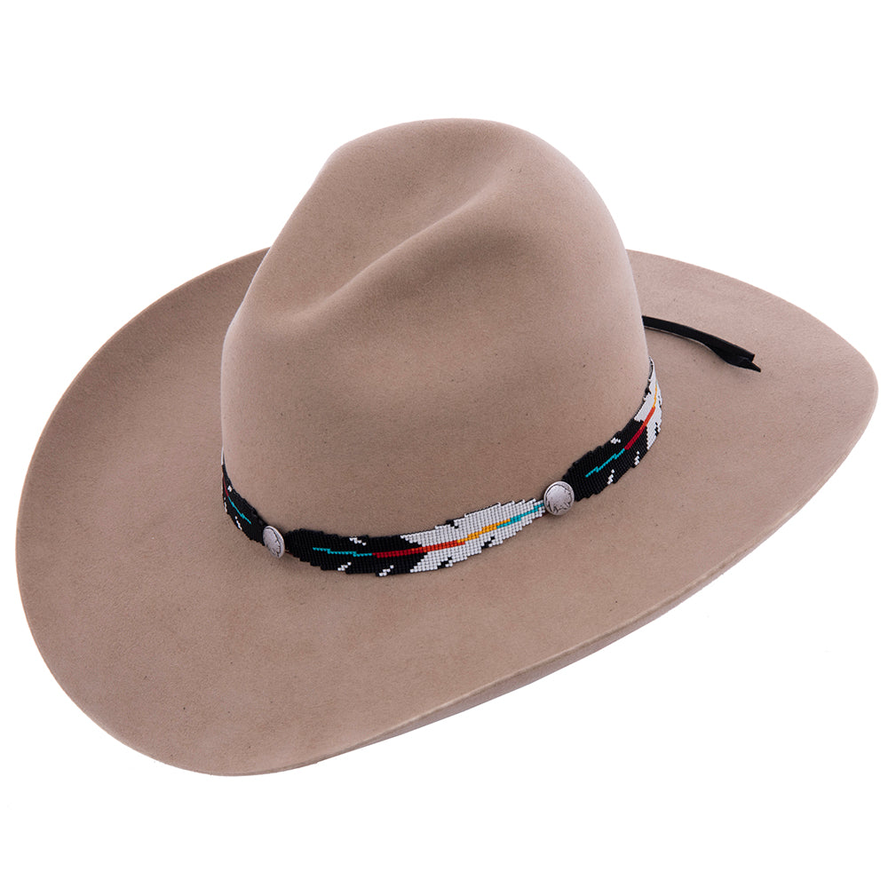 Black and Ivory 4 Feather Hatband w/Multi Color Staff 3 Indian Head Buttons
