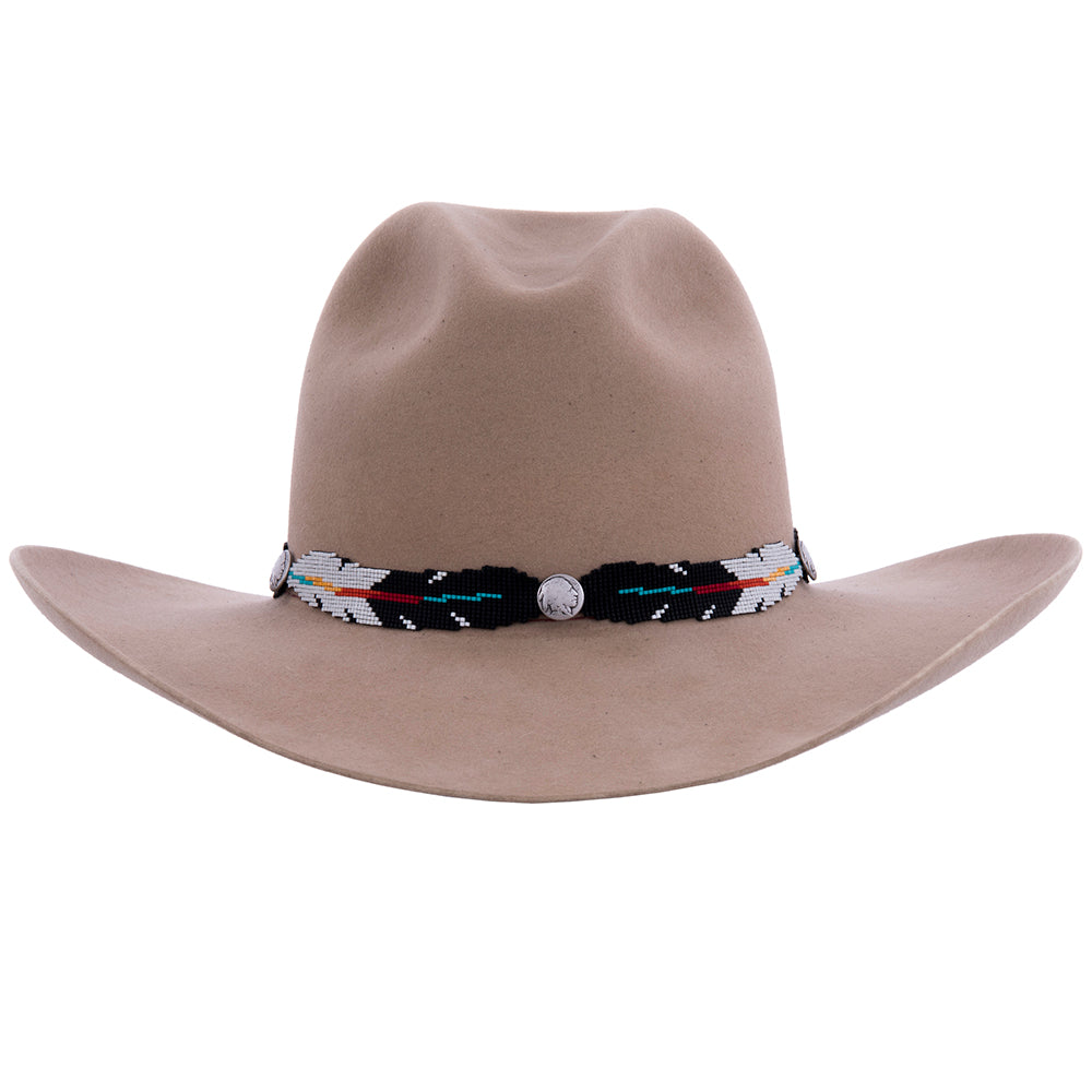 Black and Ivory 4 Feather Hatband w/Multi Color Staff 3 Indian Head Buttons