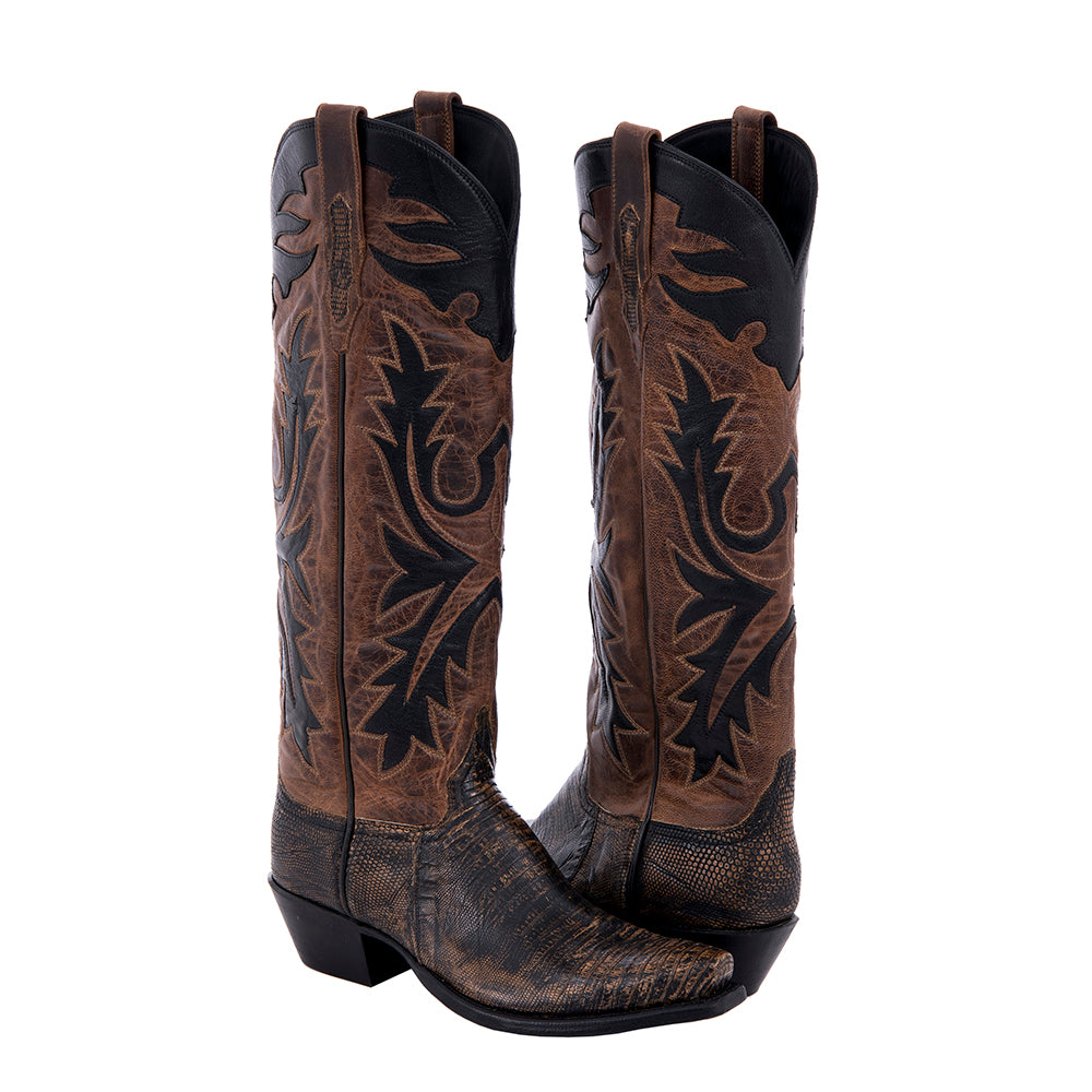 Ladies 17" Tan Distress Lizard and Canella Goat Cowboy Boot