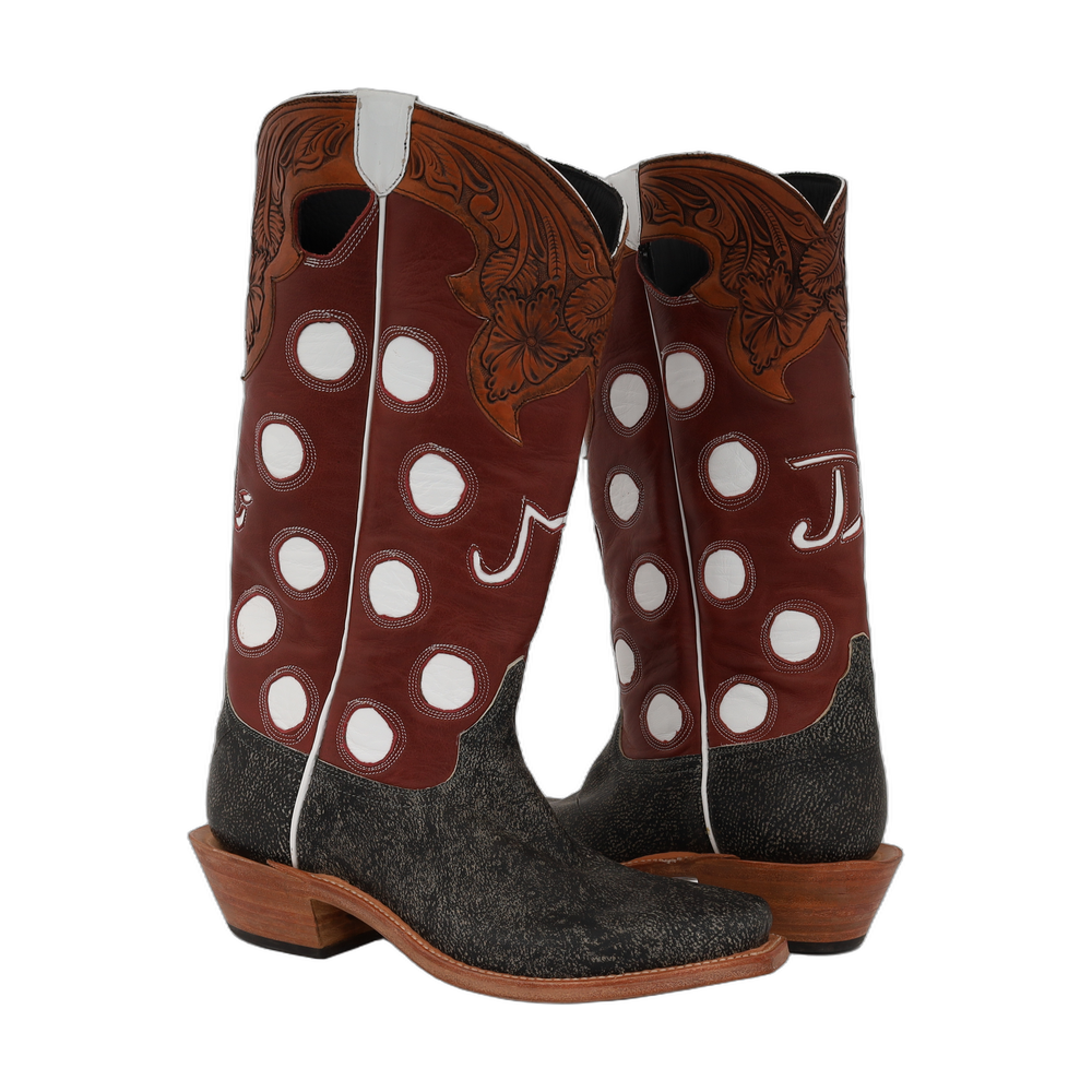 MEN'S GREY GIRAFFE MERLOT GAUCHO POLKA DOT MW COLLAR CUSTOM BRAND COWBOY BOOT SIZE 9 EE