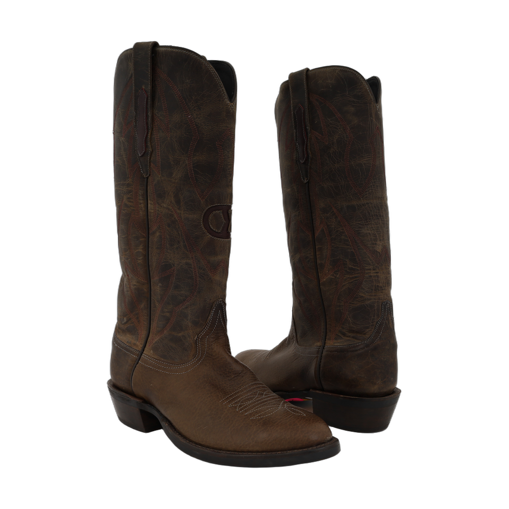 Men's 15" Grey Bison Grey Goat Crown Custom Brand Inlay Cowboy Boot with Cheveron Sole