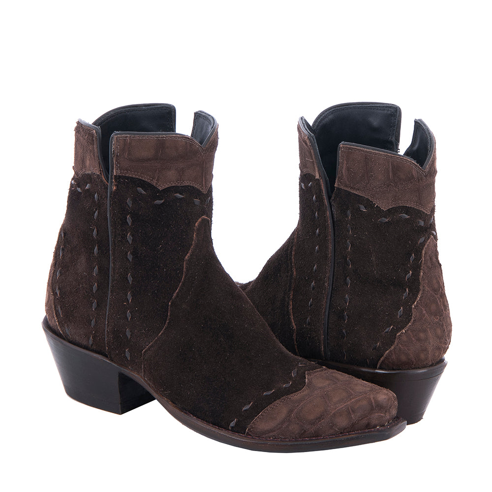 Ladies Chocolate Brown Roughout Alligator Tipped Short Boots