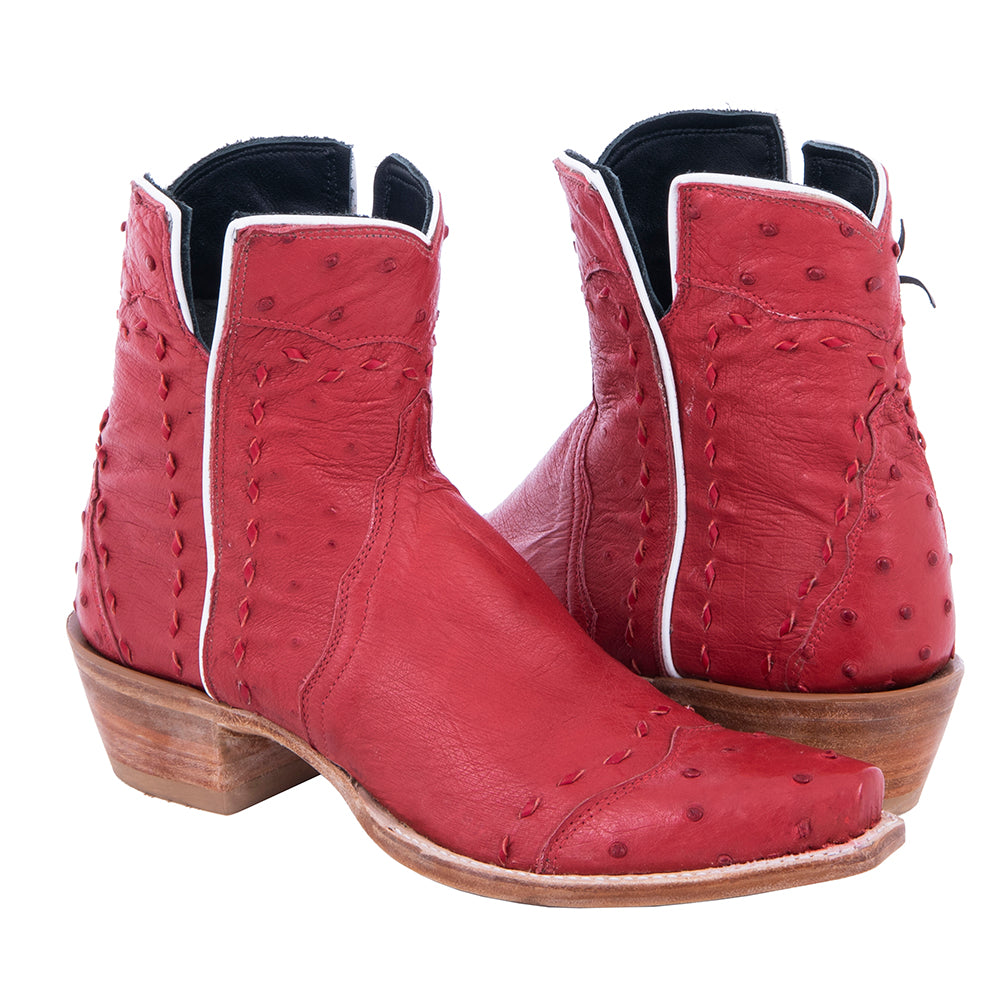 Ladies Red Ostrich Buckstitched Short Boots