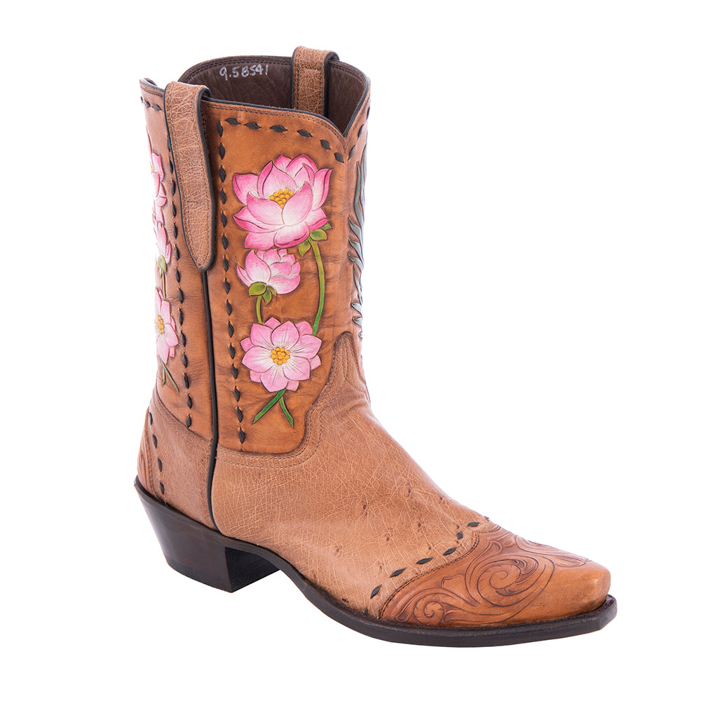 Ladies Hand Tooled Floral Smooth Ostrich Cowboy Boots