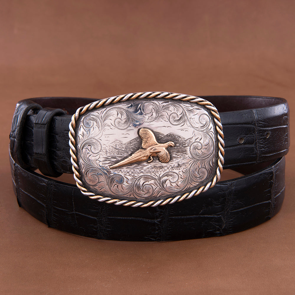 Dutton Western Buckle with 14K Pheasant and Rope Border