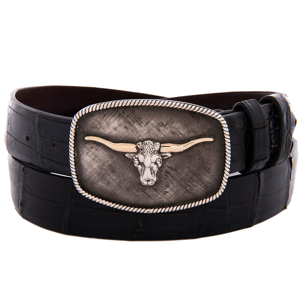 Dutton Crosshatch Buckle with Steer 14K Horns