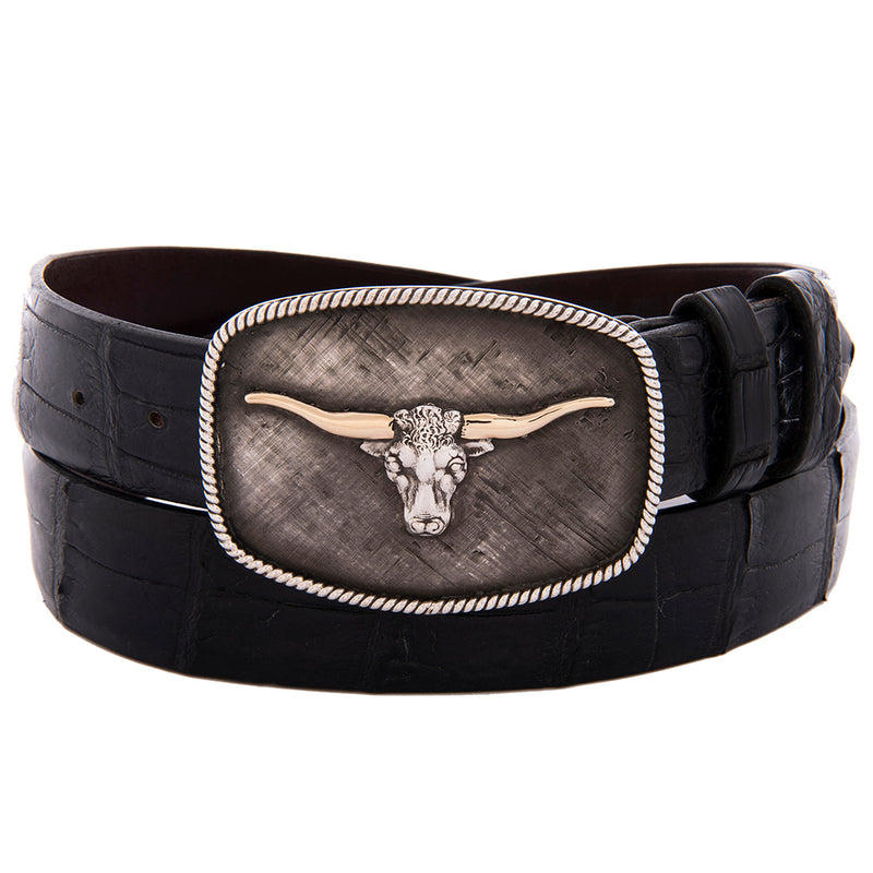 Dutton Crosshatch Buckle with Steer 14K Horns