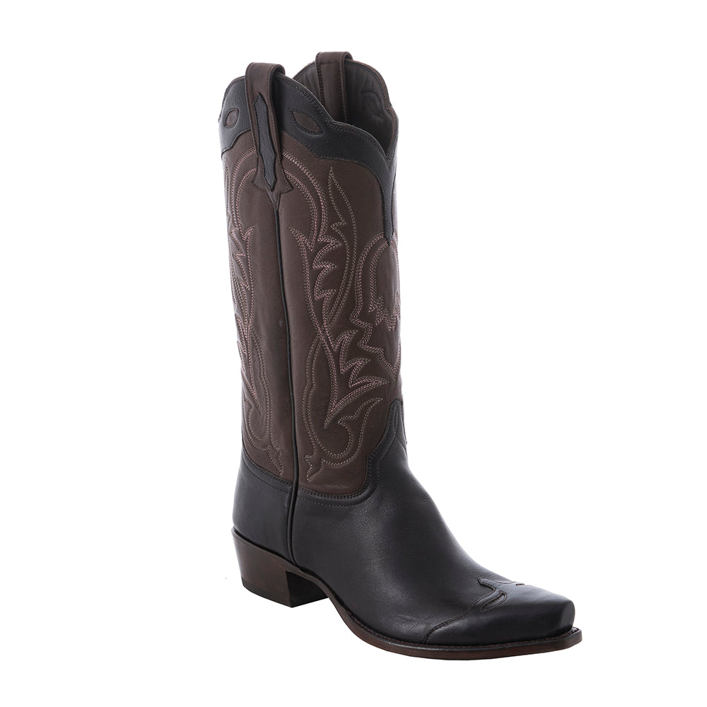 Ladies Black and Brown Aniline Tulip Stitch Cowboy Boots
