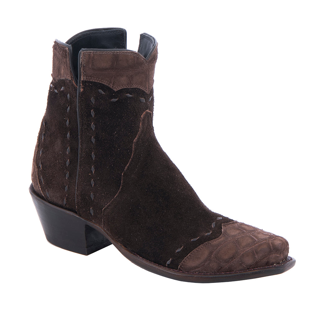 Ladies Chocolate Brown Roughout Alligator Tipped Short Boots