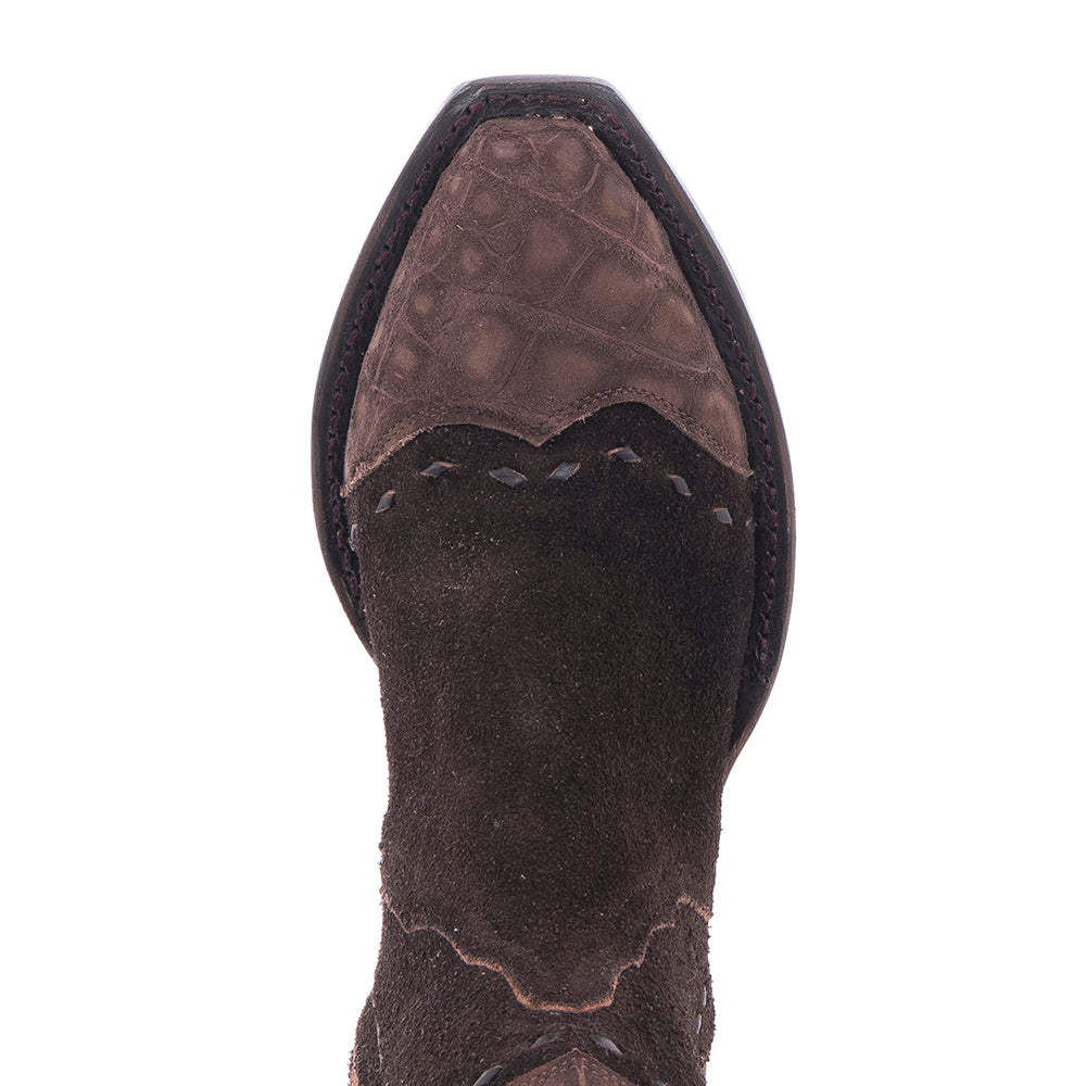 Ladies Chocolate Brown Roughout Alligator Tipped Short Boots