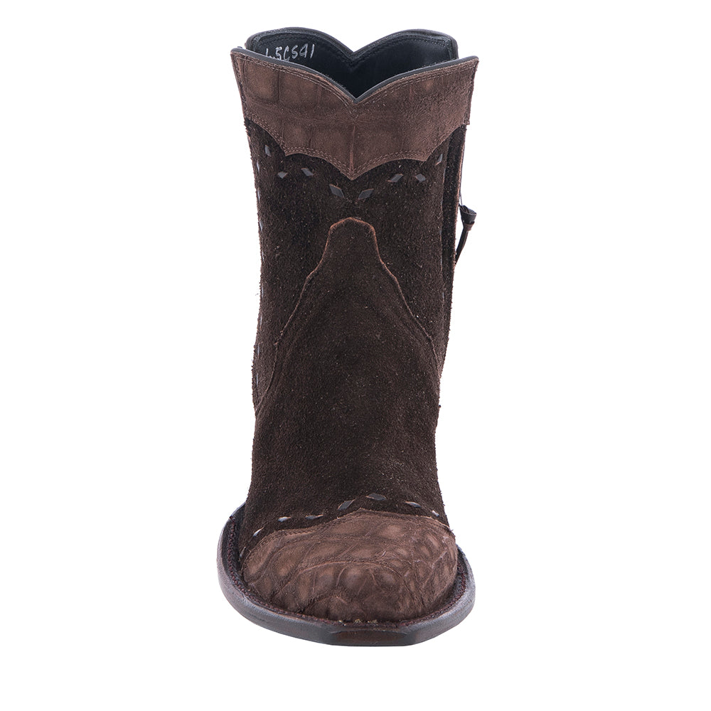 Ladies Chocolate Brown Roughout Alligator Tipped Short Boots
