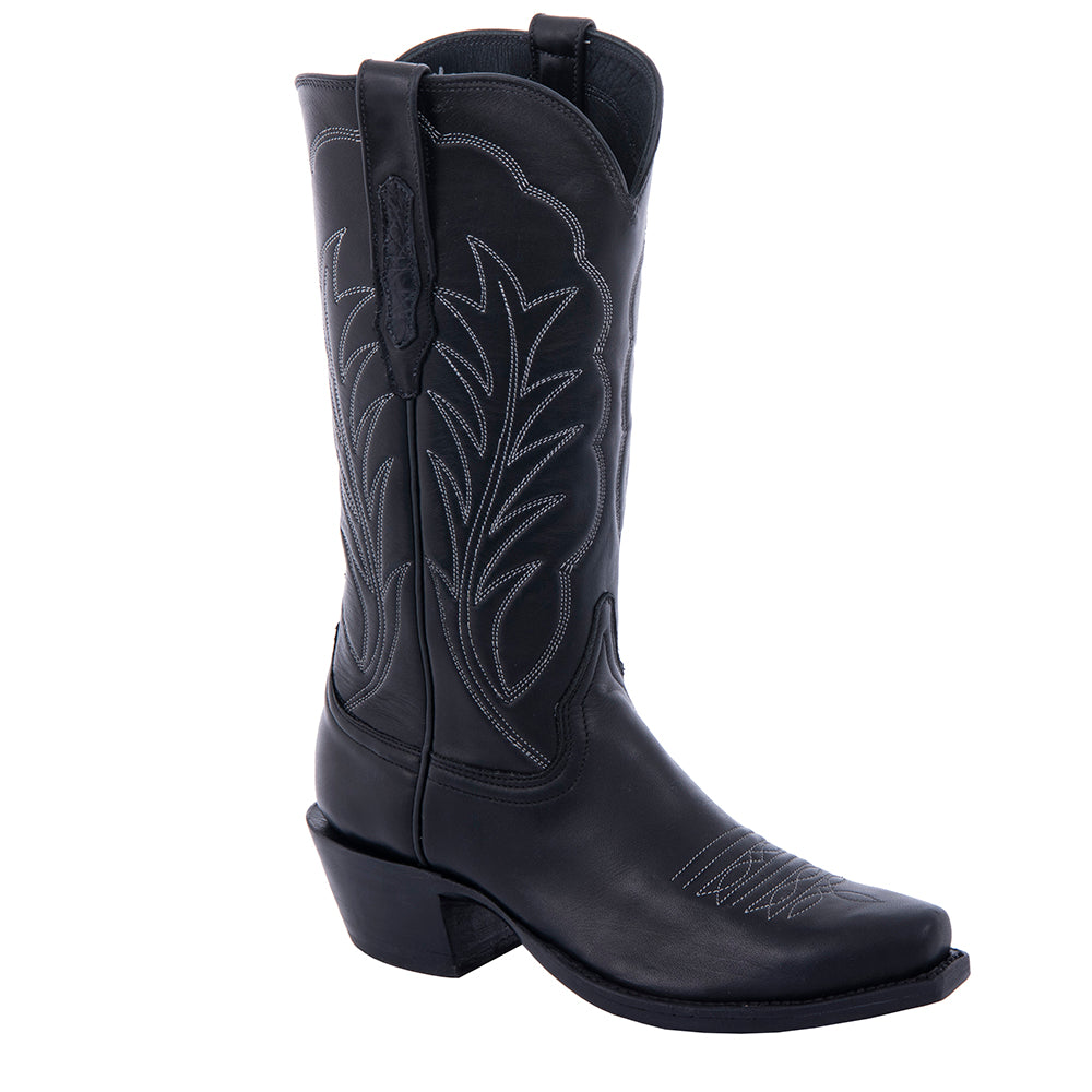 Ladies 13” Black Aniline with White Winn Stitch and Toe Bug Cowboy Boot