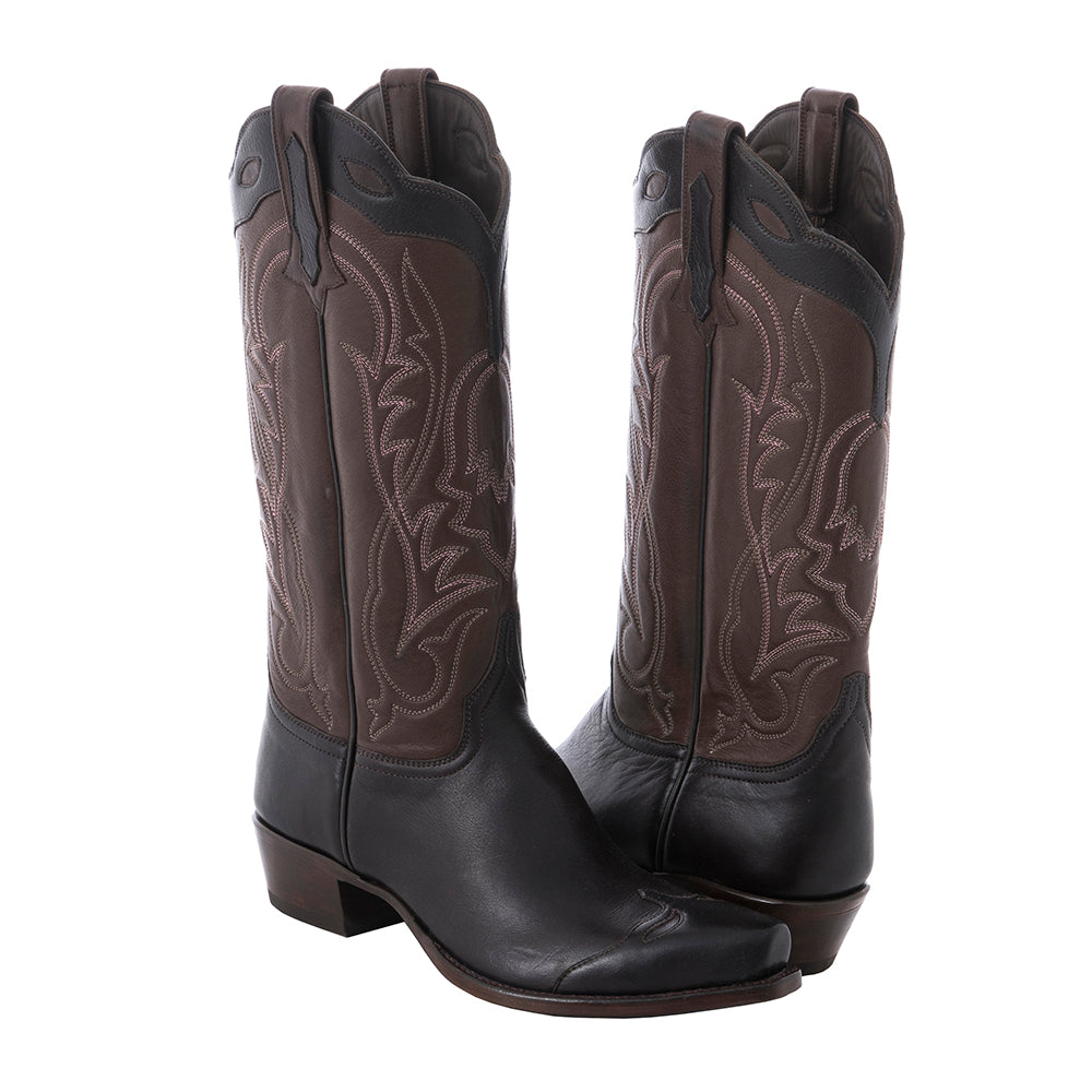 Ladies Black and Brown Aniline Tulip Stitch Cowboy Boots