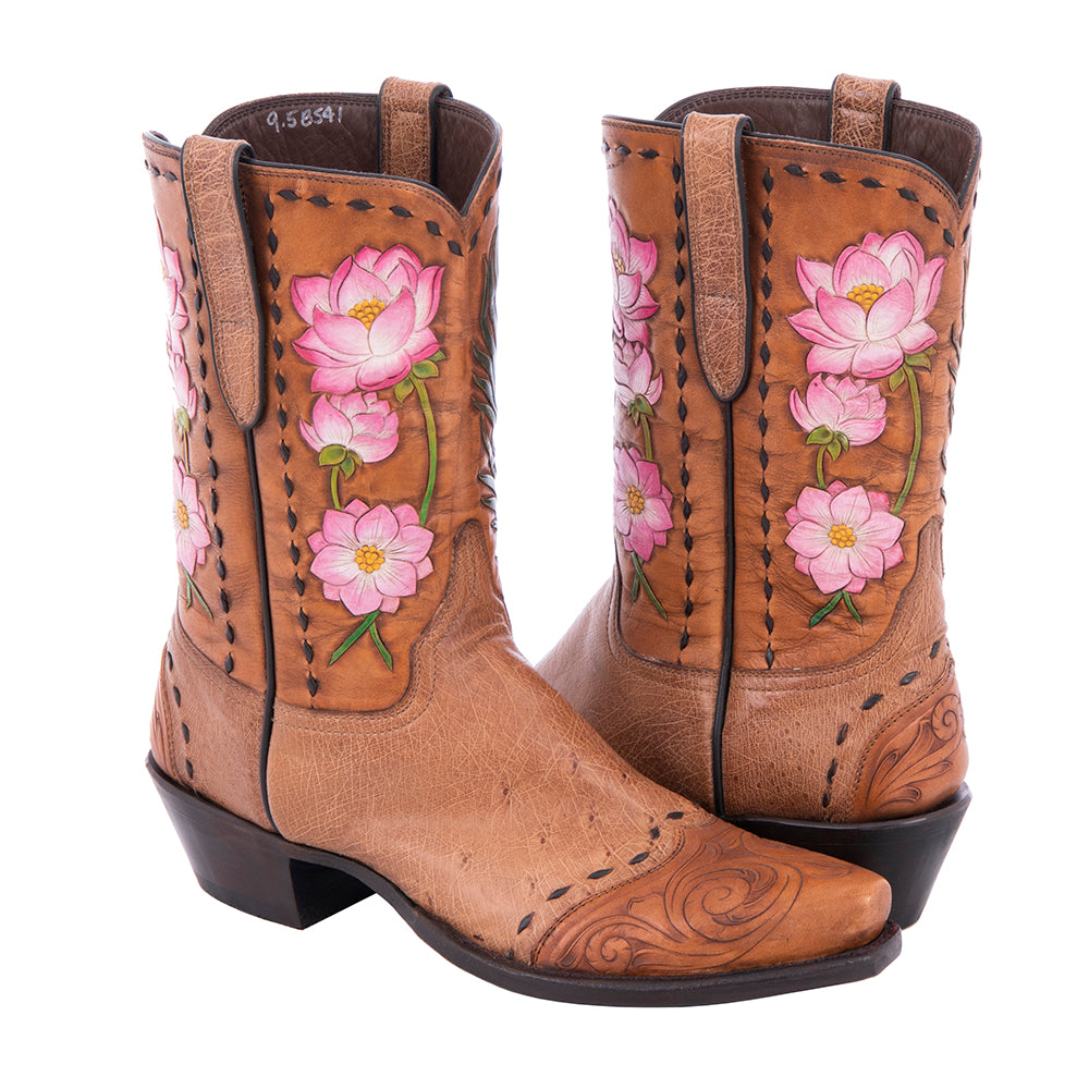 Ladies Hand Tooled Floral Smooth Ostrich Cowboy Boots