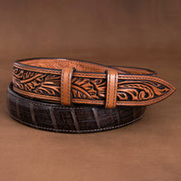 1 1/4" Chocolate Caiman Belt with Antique Brown Billets