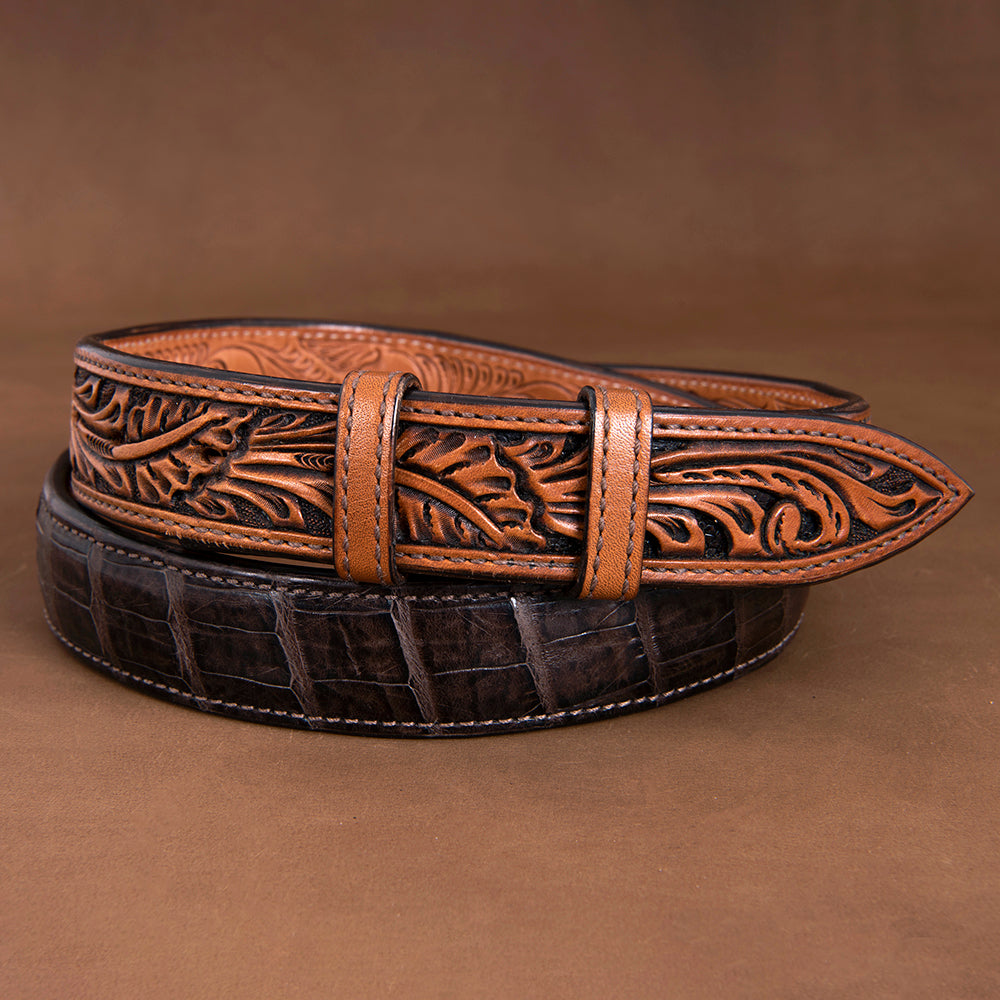 1 1/4" Chocolate Caiman Belt with Antique Brown Billets