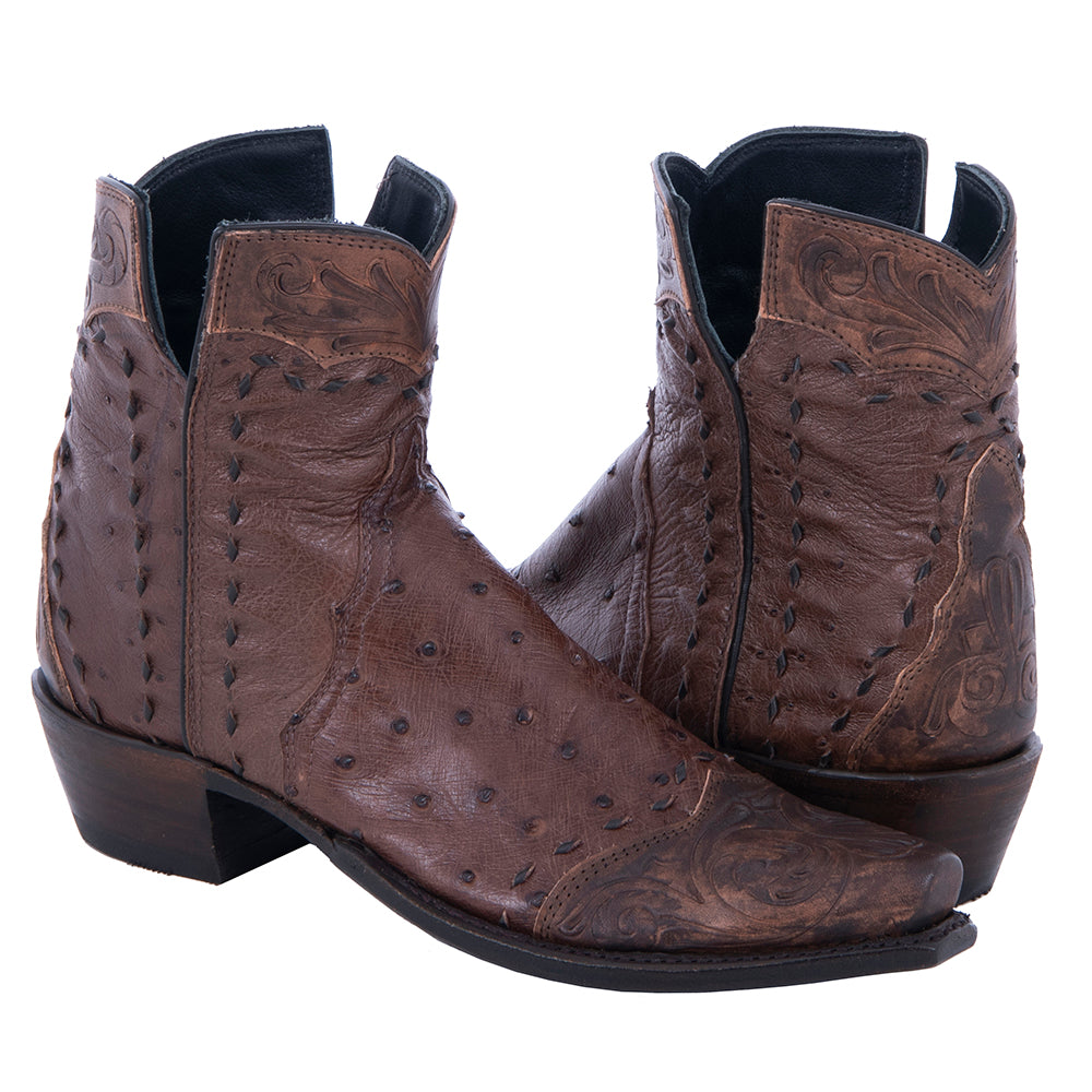 Ladies Antique Kango and Ostrich Hand Tooled Short Boot