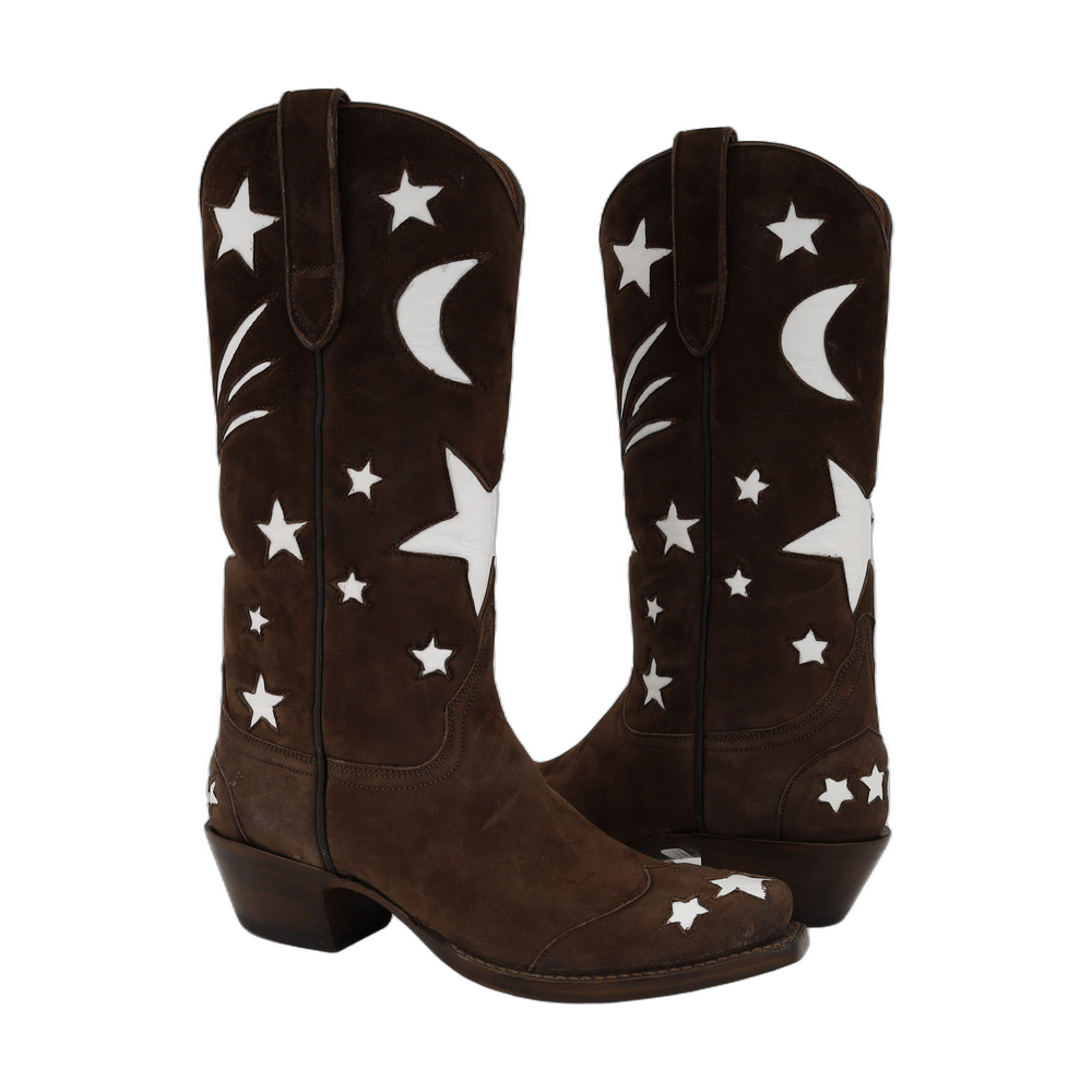 7 C FACTORY SECOND LADIES COWBOY 13" CHOCOLATE NUBUCK CUSTOM STAR INLAYS