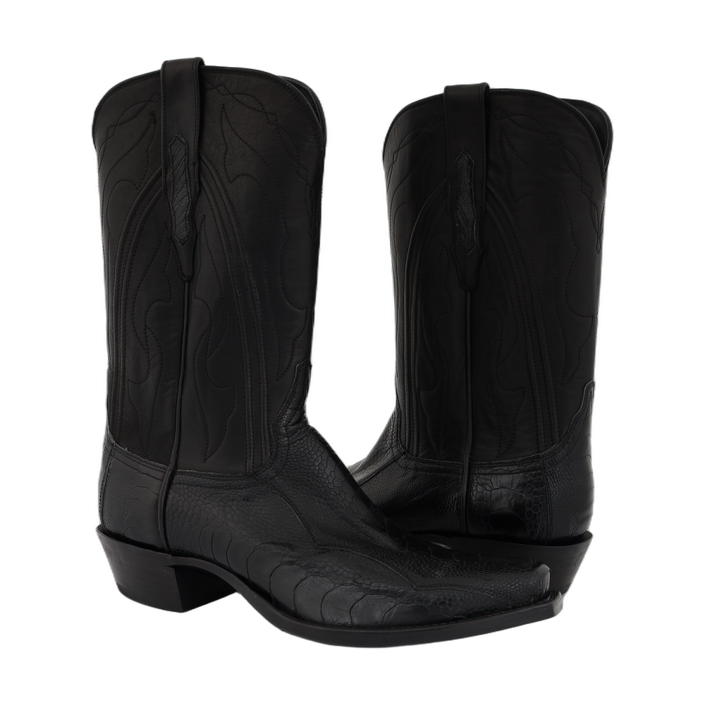 FACTORY SECOND MENS BLACK GLOSS OSTRICH LEG DIABLO 12-2-3 COWBOY BOOT 11 EE