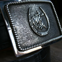 GABE CROSSHATCH BUCKLE WITH HORSESHOE AND BRONC