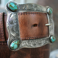HART BUCKLE WITH WESTERN ENGRAVING AND TURQUOISE STONES
