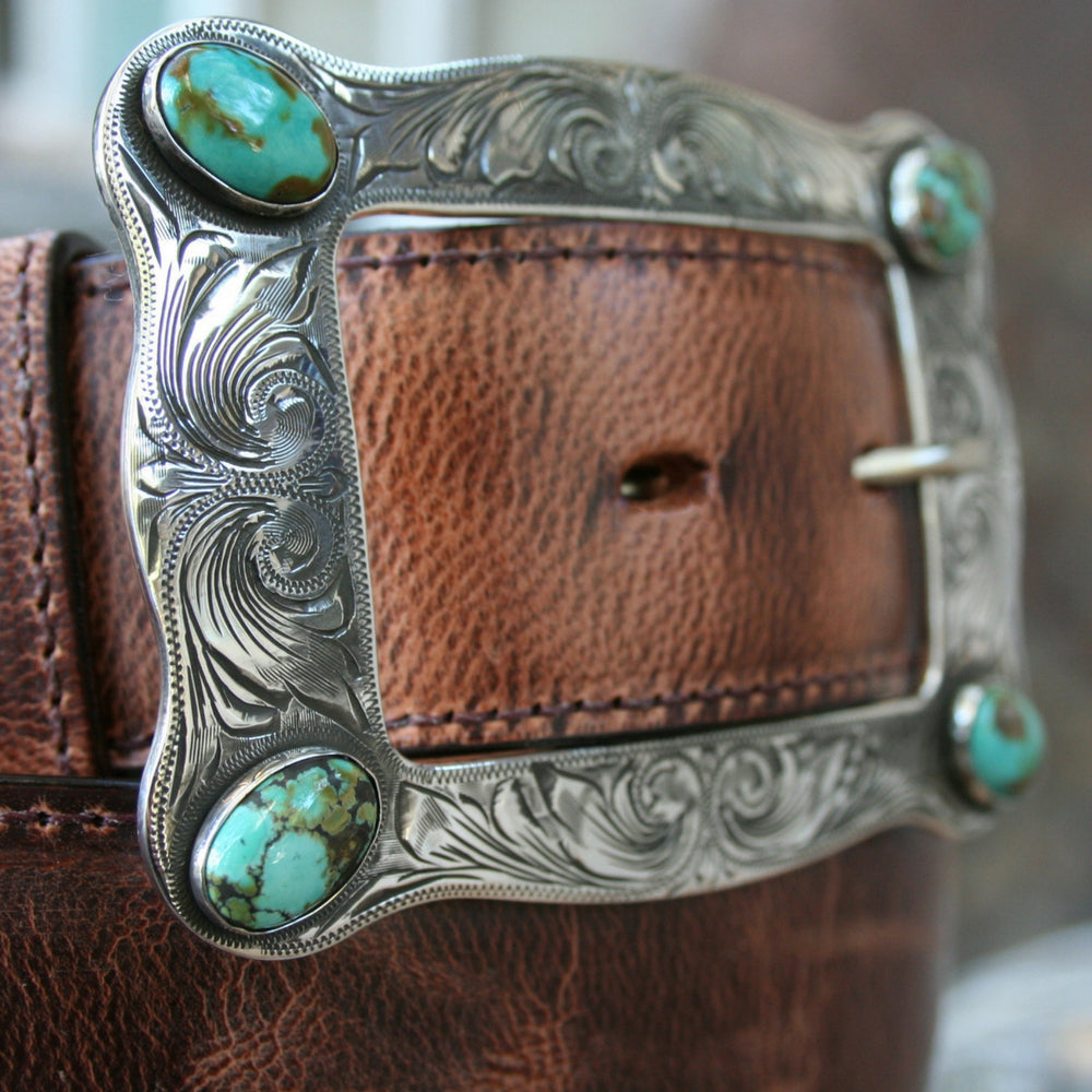 HART BUCKLE WITH WESTERN ENGRAVING AND TURQUOISE STONES
