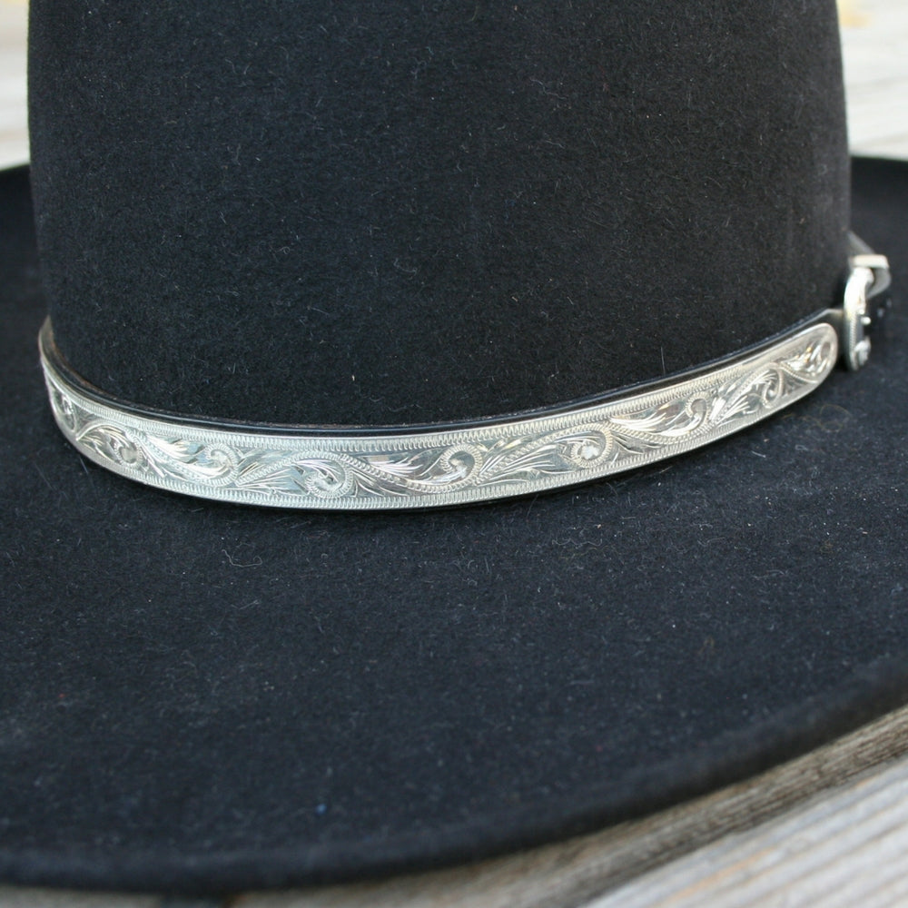 Montie Montana Wide Sterling Silver Hatband Black Leather