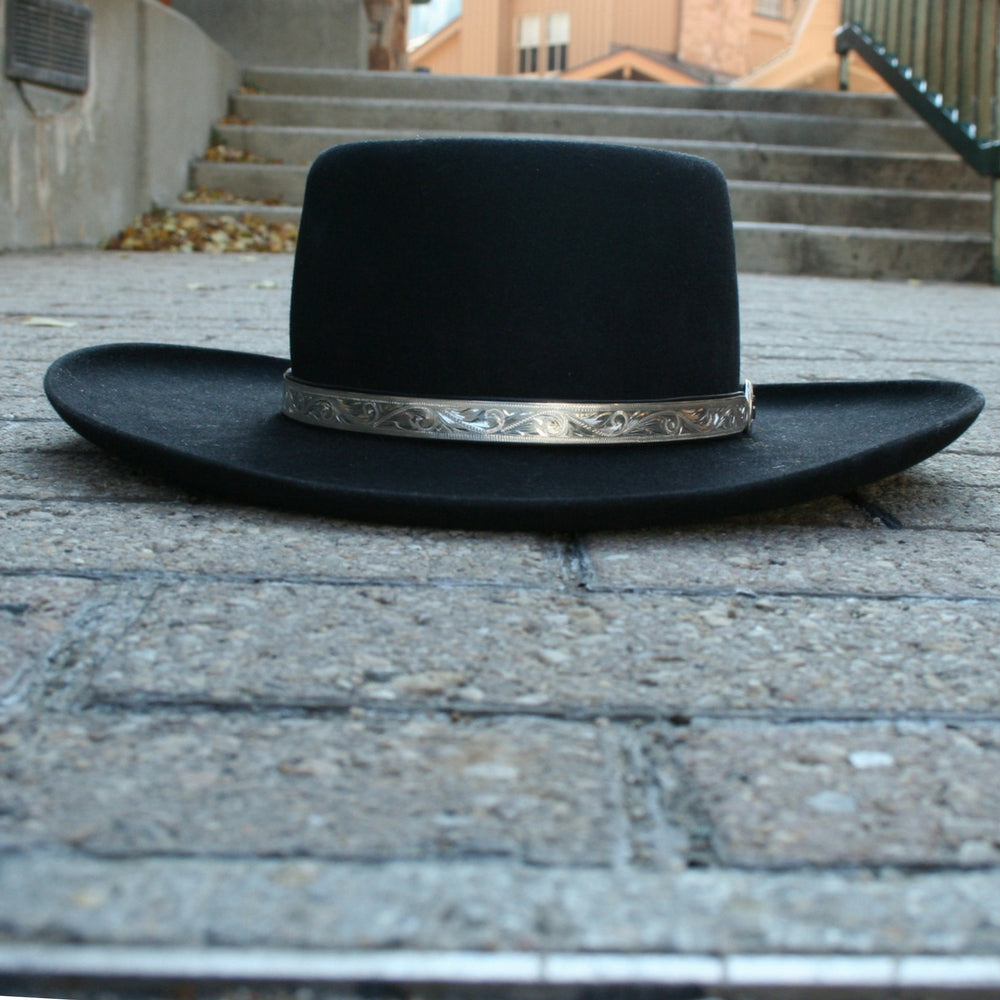 Montie Montana Wide Sterling Silver Hatband Black Leather