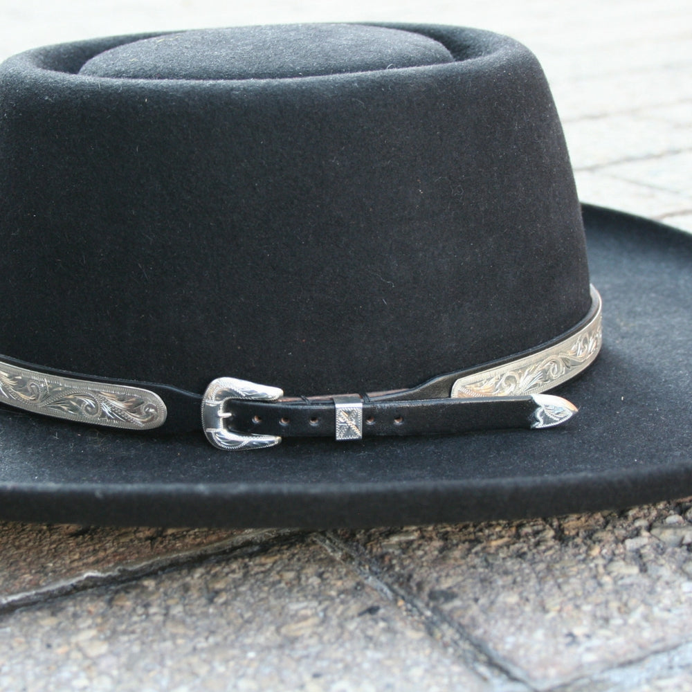 Montie Montana Wide Sterling Silver Hatband Black Leather