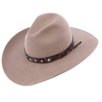 BROWN WEATHERED LEATHER HAT PIN SLINGSHOT HAT BAND WITH BRONC PINS