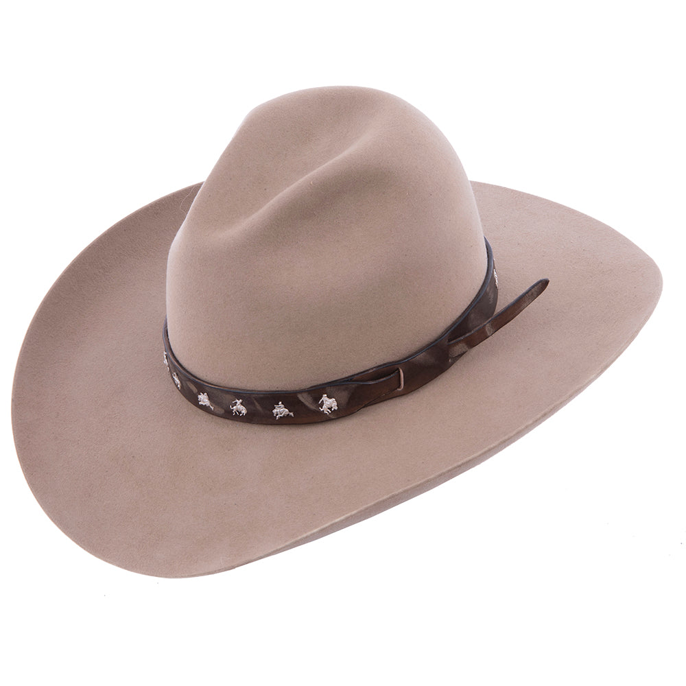 BROWN WEATHERED LEATHER HAT PIN SLINGSHOT HAT BAND WITH BRONC PINS