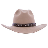 BROWN WEATHERED LEATHER HAT PIN SLINGSHOT HAT BAND WITH BRONC PINS